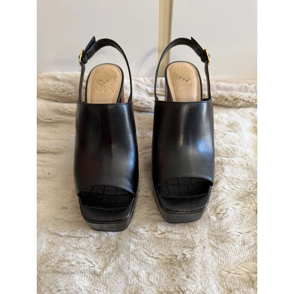 Vince Camuto Black Leather Platform Slingback Wood Block Heel Sandals Square Toe